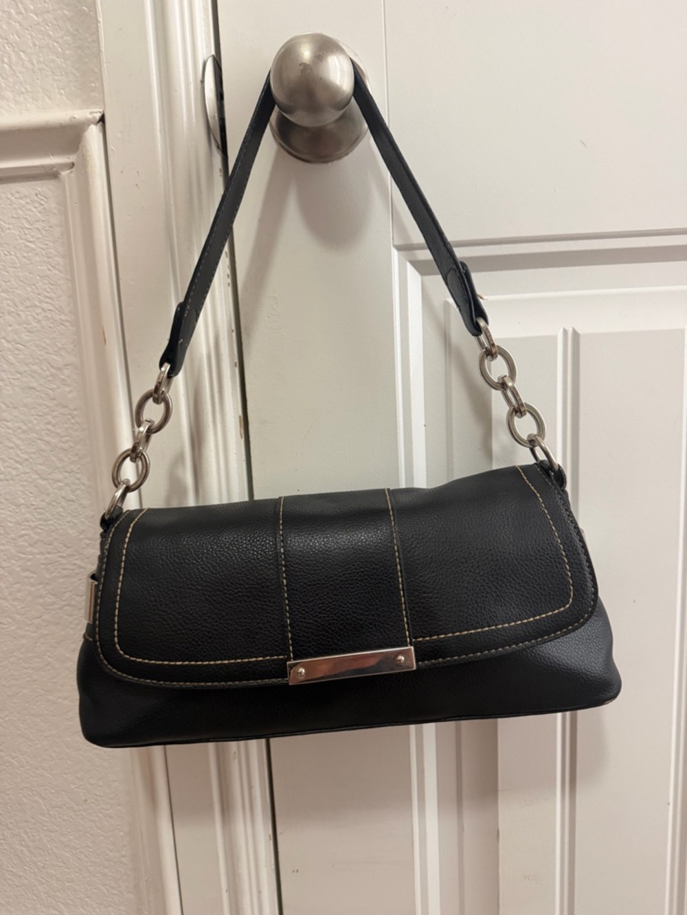 Black Ferragamo Leatherette Shoulder Bag with Silver Hardware
